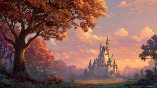 Autumn vibes at a Disney castle surrounded by colorful trees and warm glowing skies.