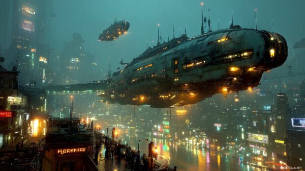 Awesome cool backgrounds hd of a futuristic city with neon lights and flying vehicles.