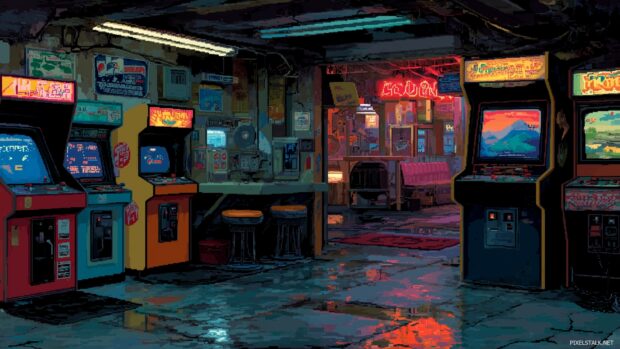 Awesome cool backgrounds hd of a retro arcade scene filled with classic games and neon accents.