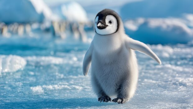 Baby animal backgrounds for PC, A captivating moment of a baby penguin waddling on ice, with a beautiful blue ocean in the background.
