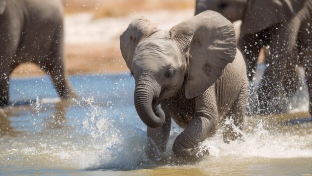 Baby animal backgrounds for PC, A delightful moment of a baby elephant splashing water playfully while surrounded by its family by a watering hole.