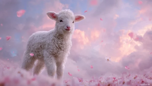 Baby animals hd desktop backgrounds showing a fluffy lamb under pastel sky with floating petals, tranquil and high fidelity.