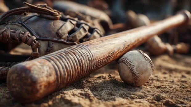 Baseball background showing vintage wooden bat leaning against worn catcher gear on dirt infield.