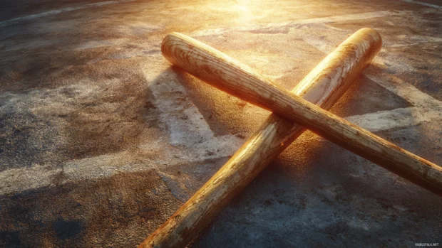 Baseball bats wallpaper illustrating crossed bats cast in golden morning light against chalked plate.