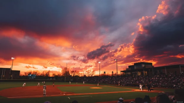 Baseball game at sunset with a dramatic sky, players positioned on the diamond, and the crowd in anticipation.