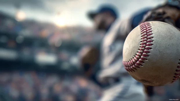 Baseball hd background capturing detailed stitching on fastball held by pitcher with blurred crowd behind.