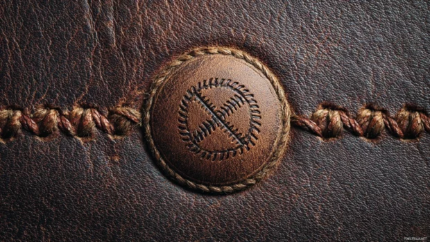 Baseball logo wallpaper showcasing clean emblem centered on textured leather seam background.
