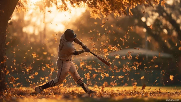 Baseball player captured mid swing with autumn leaves swirling around the field in the golden sunlight.