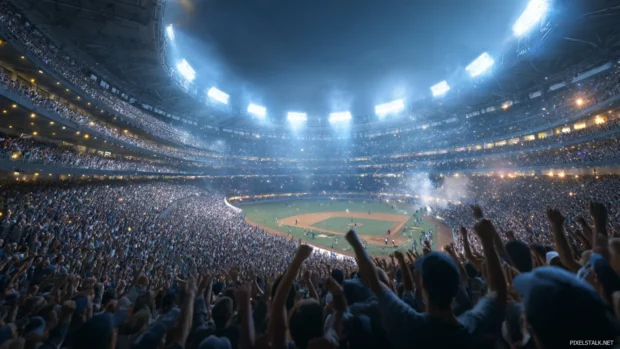 Baseball stadium filled with cheering fans under bright stadium lights during a thrilling evening game.