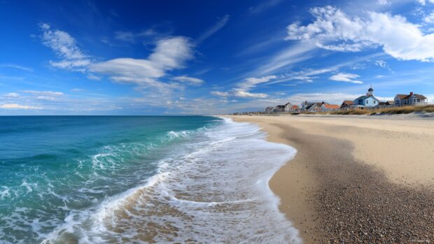 Beach desktop image, A panoramic view of a sandy beach stretching into the distance, tranquility enveloping the area.