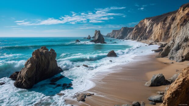 Beach image scenery, An inviting beach vista with dramatic cliffs rising above the ocean, waves crashing against the rocks.