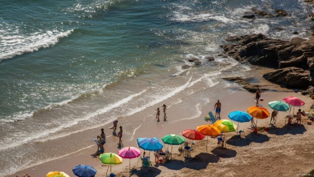 Beach image seaside, A peaceful coastal view with colorful beach umbrellas and children playing in the golden sun.