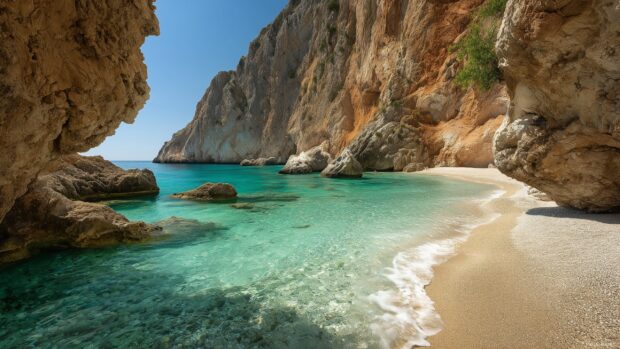 Beach image wallpaper, A secluded beach cove surrounded by steep cliffs, clear turquoise waters inviting for a swim.