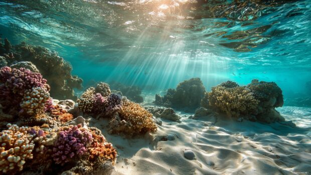 Beach image wallpaper, A vibrant coral reef visible under clear water, sunbeams penetrating the surface.