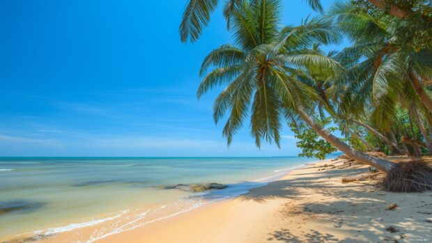 Beach images backgrounds, Vibrant tropical beach scenery featuring lush palm trees and golden sand under a clear blue sky.