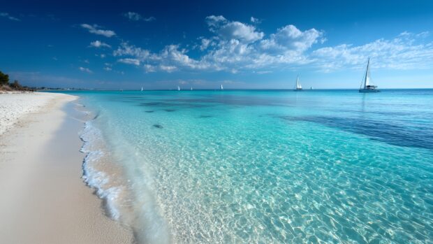 Beach images desktop, A picturesque beach with white sand and crystal clear water, distant sailboats on the horizon.