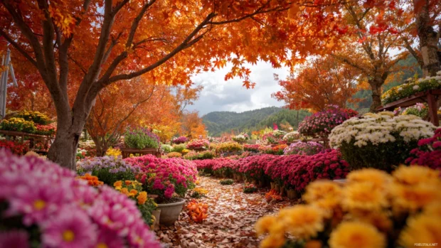 Beautiful Autumn day with maple leaves falling over beds of blooming chrysanthemums in vivid colors.