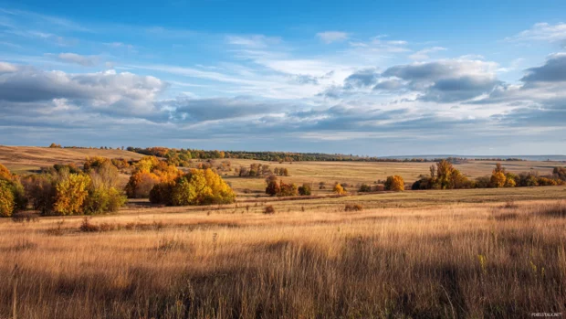 Beautiful Autumn fields stretching under a bright sky with patches of orange and yellow trees dotting the horizon.