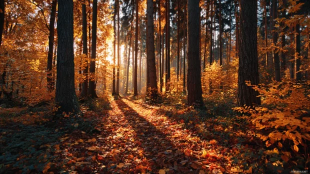 Beautiful Autumn forest filled with golden leaves and soft sunlight casting warm shadows across the ground.