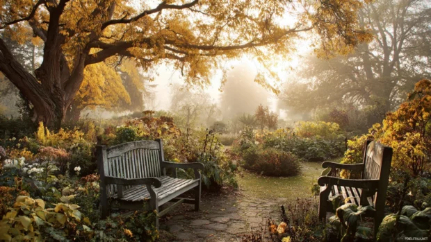 Beautiful Autumn garden featuring wooden benches, soft morning mist, and golden trees in the background.