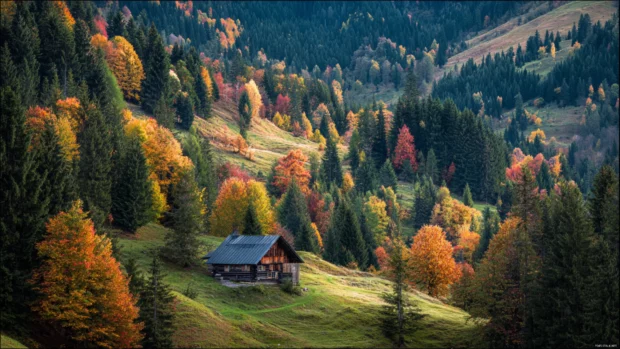 Beautiful Autumn landscapes featuring a peaceful mountain cabin surrounded by colorful forests.