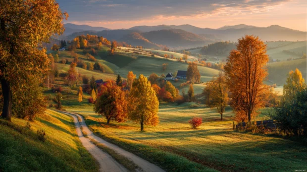 Beautiful Autumn morning in the countryside with colorful trees, cozy pathways, and gentle rolling hills.