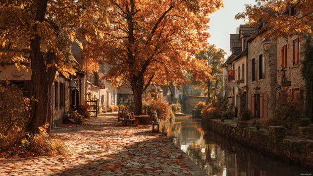 Beautiful Autumn scenery in a quiet riverside village with cobblestone paths and trees glowing in warm tones.