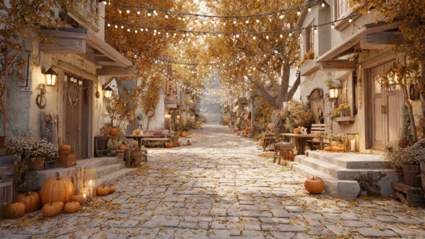 Beautiful Fall colors filling a quiet village street with pumpkins, lanterns and golden leaves in 3D design.