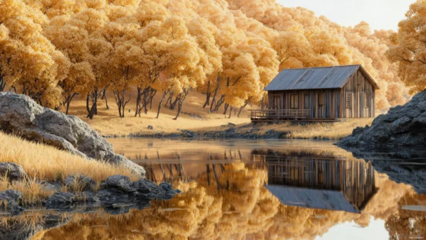 Beautiful Fall landscape featuring a wooden cabin near a calm lake surrounded by golden trees in 3D style.