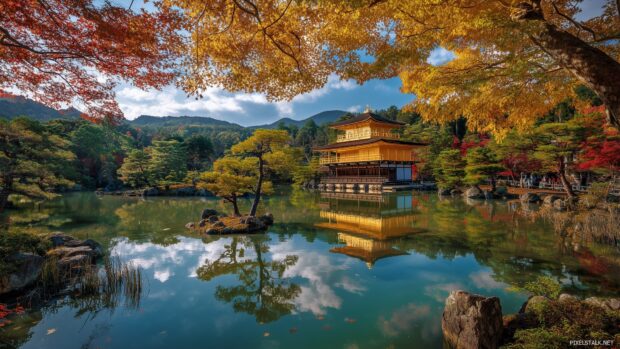 Beautiful Japan HD wallpapers featuring the historic Kinkaku ji Temple surrounded by vibrant autumn foliage.