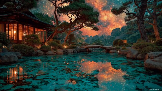 Beautiful Japan HD wallpapers portraying a dreamy night sky filled with stars over a traditional Japanese garden.