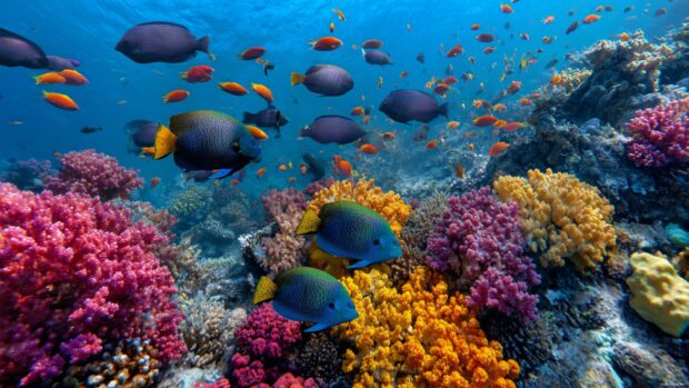 Beautiful Underwater Wallpaper HD showcasing colorful fish swimming among reefs.