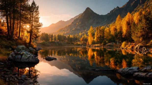 Beautiful autumn desktop wallpaper showcasing golden foliage reflected in a serene mountain lake at sunset.