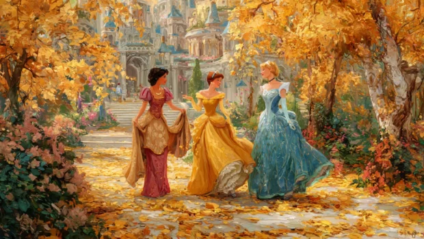 Beautiful autumn morning where Disney princesses are walking through a royal garden covered in golden leaves.