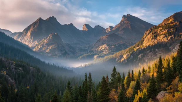 Beautiful autumn mountains wallpaper panoramic vista of rugged peaks dusted with autumn hues and morning fog.