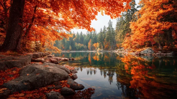 Beautiful backgrounds for PC featuring a serene lake surrounded by vibrant autumn foliage, evoking tranquility and beauty.