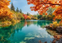 Beautiful backgrounds for PC featuring a serene lake surrounded by vibrant autumn foliage, evoking tranquility and beauty.
