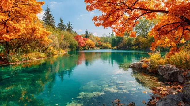 Beautiful backgrounds for PC featuring a serene lake surrounded by vibrant autumn foliage, evoking tranquility and beauty.