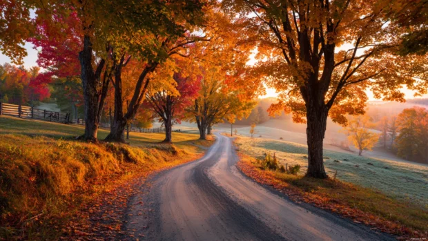 Beautiful fall scenery wallpaper portraying a winding country road lined with colorful maples under soft sunrise.