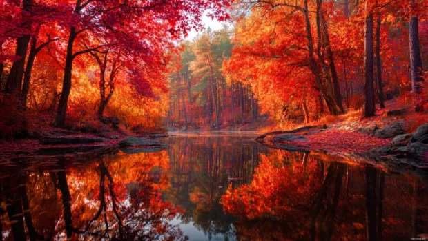Beautiful fall scenery wallpapers showcasing vibrant reds and oranges in a serene forest setting.