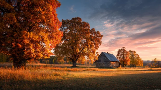 Beautiful fall scenery wallpapers that capture the essence of a calming sunset lighting up a rural landscape.