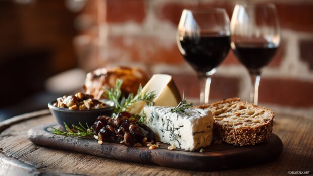 Beautiful food images HD displaying a rustic cheese and wine platter against a brick wall.