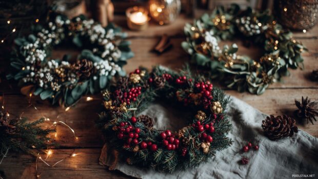 Beautiful holiday wreaths and garlands captured in a cozy setting for xmas wallpapers free download.