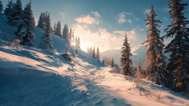 Beautiful snow wallpapers HD featuring serene winter landscapes, soft sunlight illuminating the snow covered terrain.