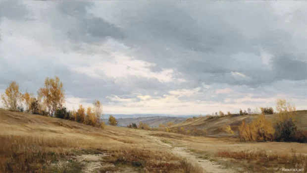 Beneath a soft gray sky, an open autumn landscape reveals its earthy tones and tranquil beauty.