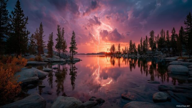 Best Lightning Wallpapers for Desktop, An artistic interpretation of lightning illuminating a serene lake at dusk with reflections.