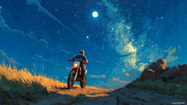 Best free HD dirt bike wallpapers creating an ethereal world where dirt bikes roam in a starry night sky.