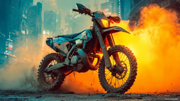 Best free HD dirt bike wallpapers showcasing a cyberpunk world intertwined with motocross elements.