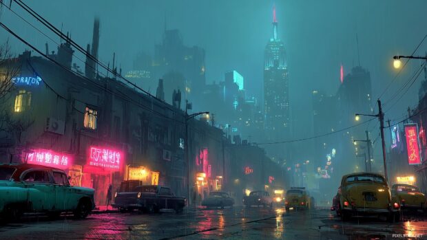 Best high resolution wallpaper hd illustrating a futuristic cityscape with neon lights and a dynamic atmosphere.