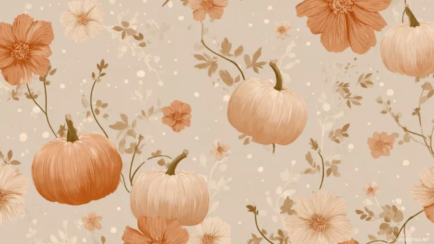 Boho pumpkin wallpaper with minimal pumpkins, muted oranges and beige florals scattered in seamless loops.